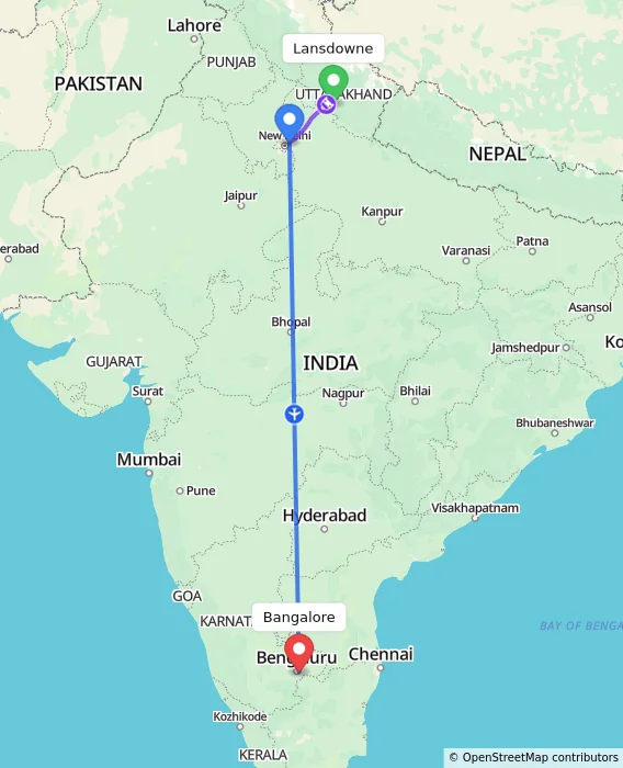 Route map showing distance and travel time from Lansdowne, India to Bangalore, India