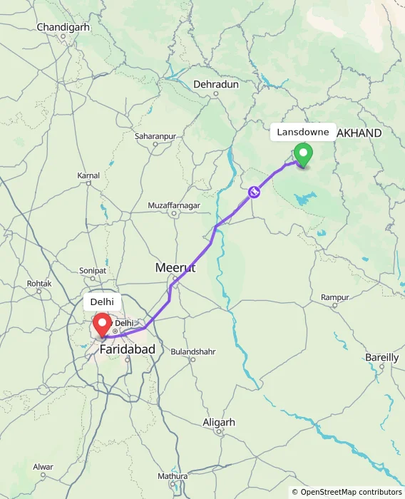 Route map showing distance and travel time from Lansdowne, India to Delhi, India