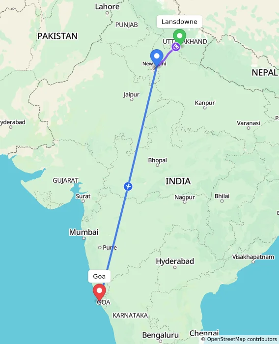 Route map showing distance and travel time from Lansdowne, India to Goa, India