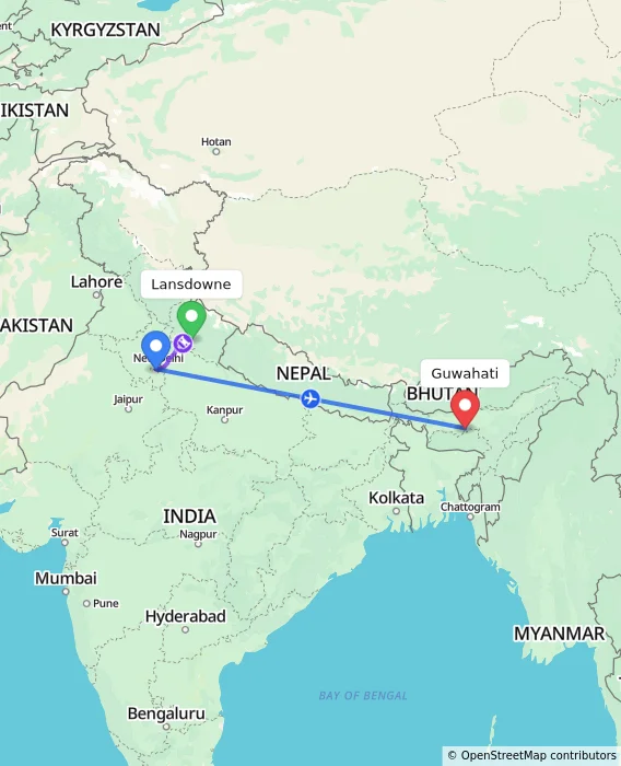 Route map showing distance and travel time from Lansdowne, India to Guwahati, India