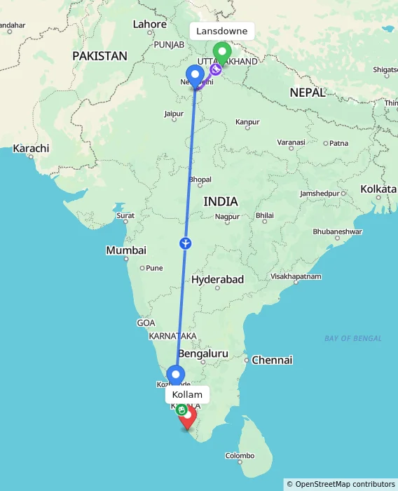 Route map showing distance and travel time from Lansdowne, India to Kollam, India