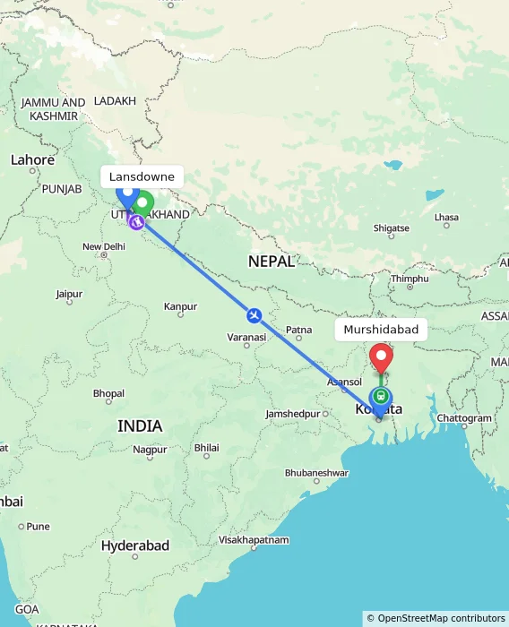 Route map showing distance and travel time from Lansdowne, India to Murshidabad, India