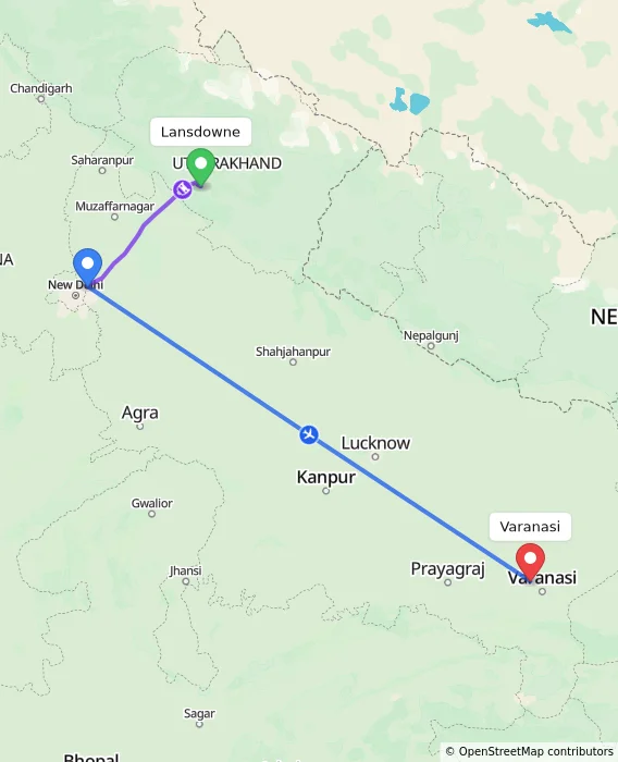 Route map showing distance and travel time from Lansdowne, India to Varanasi, India