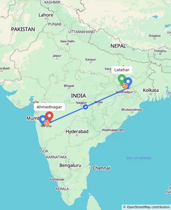 Route map showing distance and travel time from Latehar, India to Ahmednagar, India