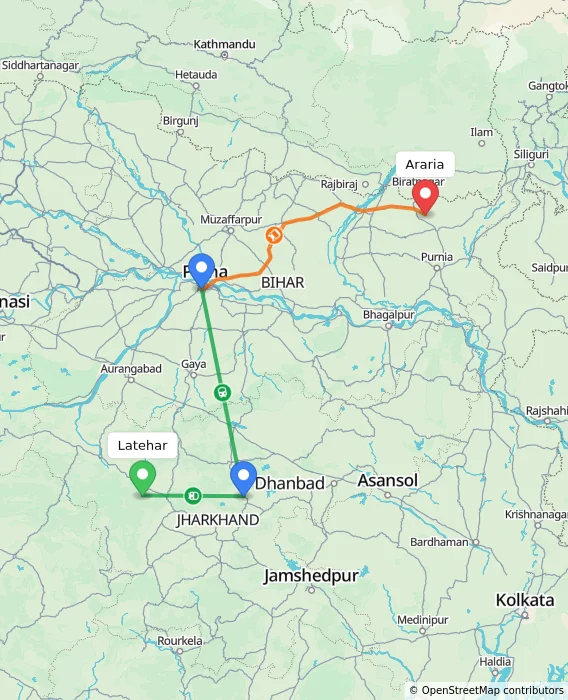 Route map showing distance and travel time from Latehar, India to Araria, India