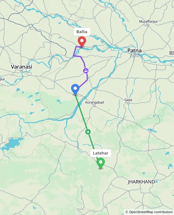 Route map showing distance and travel time from Latehar, India to Ballia, India