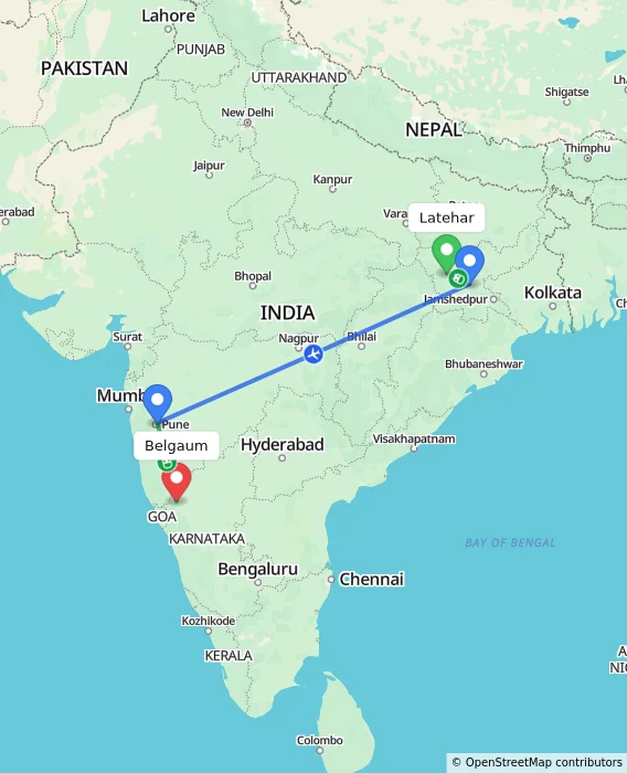 Route map showing distance and travel time from Latehar, India to Belgaum, India