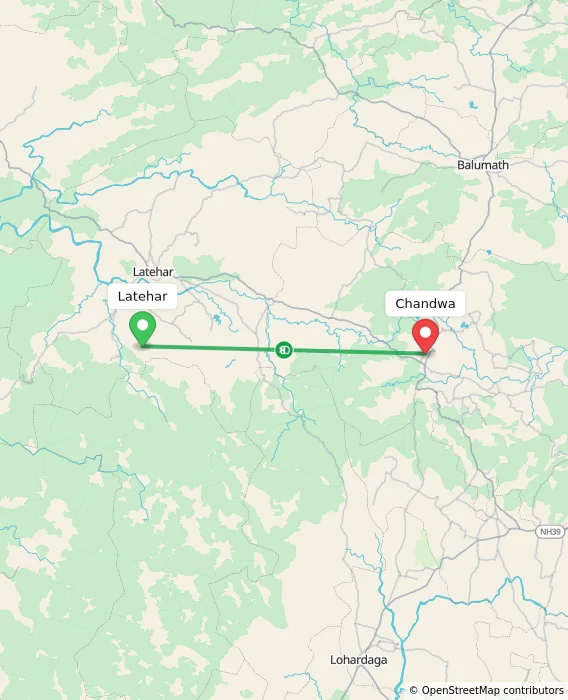 Route map showing distance and travel time from Latehar, India to Chandwa, India