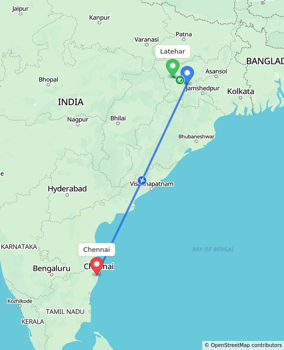 Route map showing distance and travel time from Latehar, India to Chennai, India
