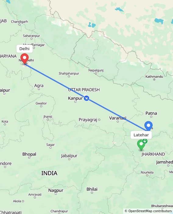 Route map showing distance and travel time from Latehar, India to Delhi, India