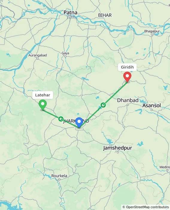Route map showing distance and travel time from Latehar, India to Giridih, India