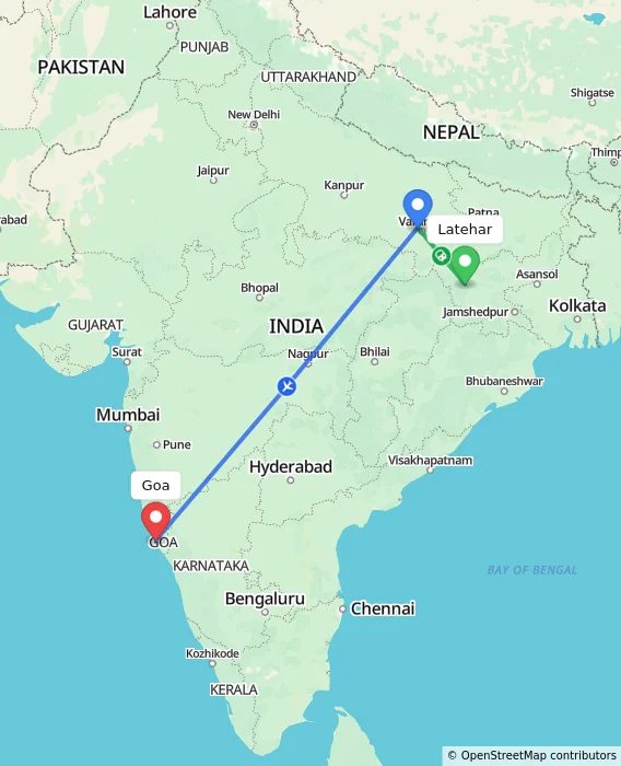 Route map showing distance and travel time from Latehar, India to Goa, India