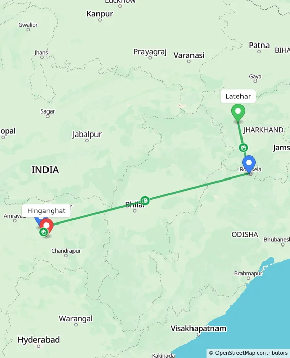 Route map showing distance and travel time from Latehar, India to Hinganghat, India