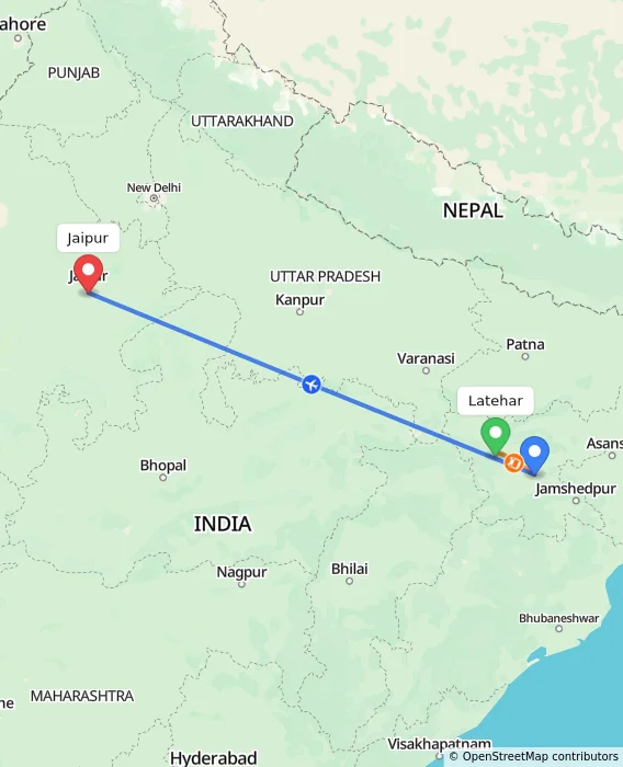 Route map showing distance and travel time from Latehar, India to Jaipur, India