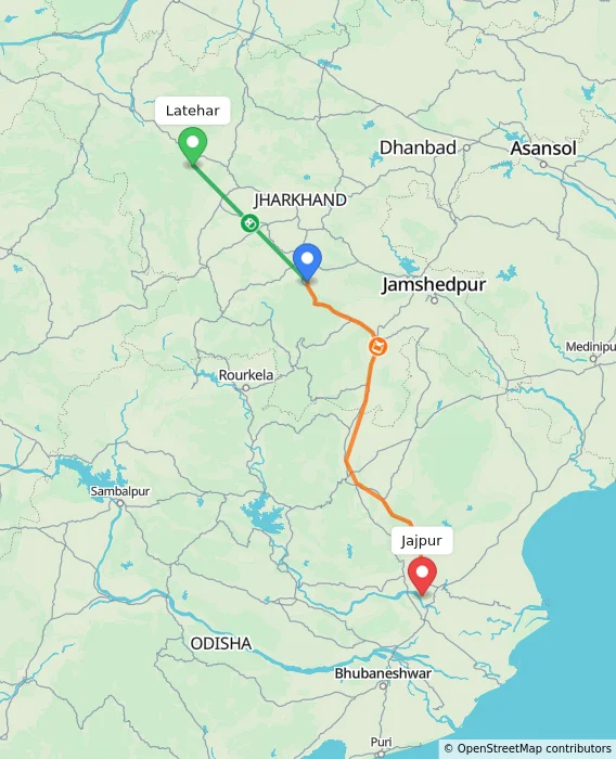 Route map showing distance and travel time from Latehar, India to Jajpur, India