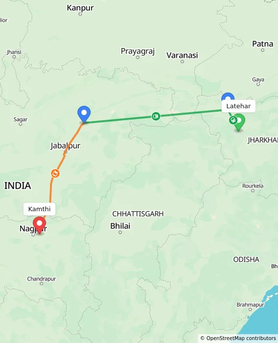 Route map showing distance and travel time from Latehar, India to Kamthi, India