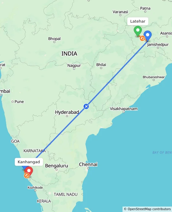 Route map showing distance and travel time from Latehar, India to Kanhangad, India