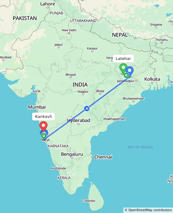 Route map showing distance and travel time from Latehar, India to Kankavli, India