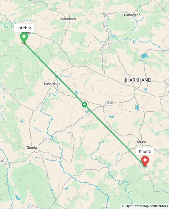 Route map showing distance and travel time from Latehar, India to Khunti, India