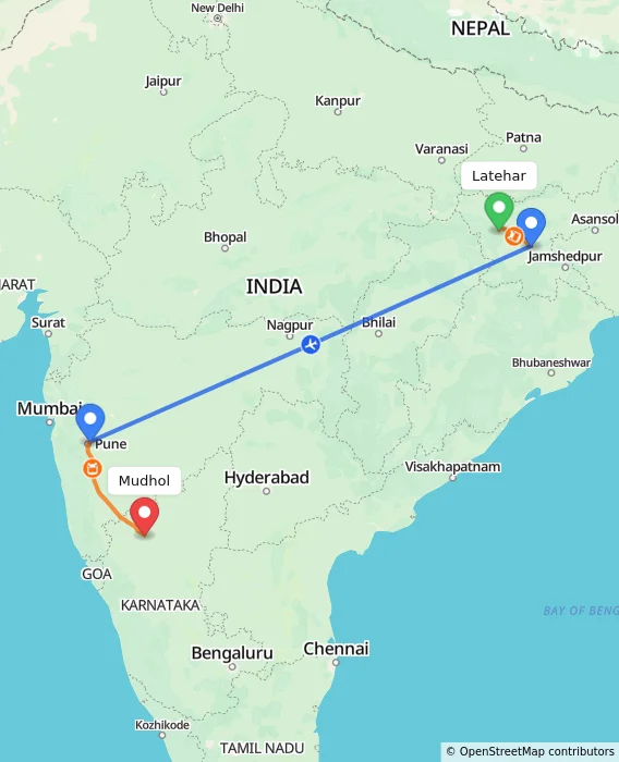 Route map showing distance and travel time from Latehar, India to Mudhol, India