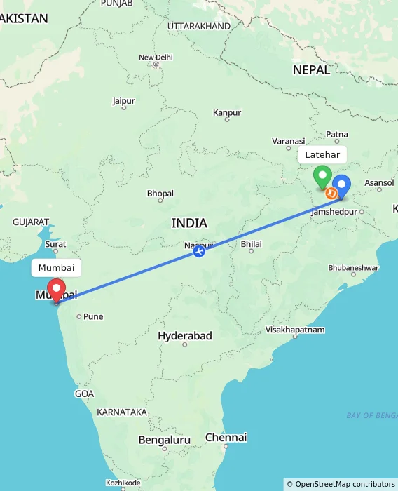 Route map showing distance and travel time from Latehar, India to Mumbai, India