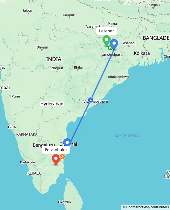 Route map showing distance and travel time from Latehar, India to Perambalur, India