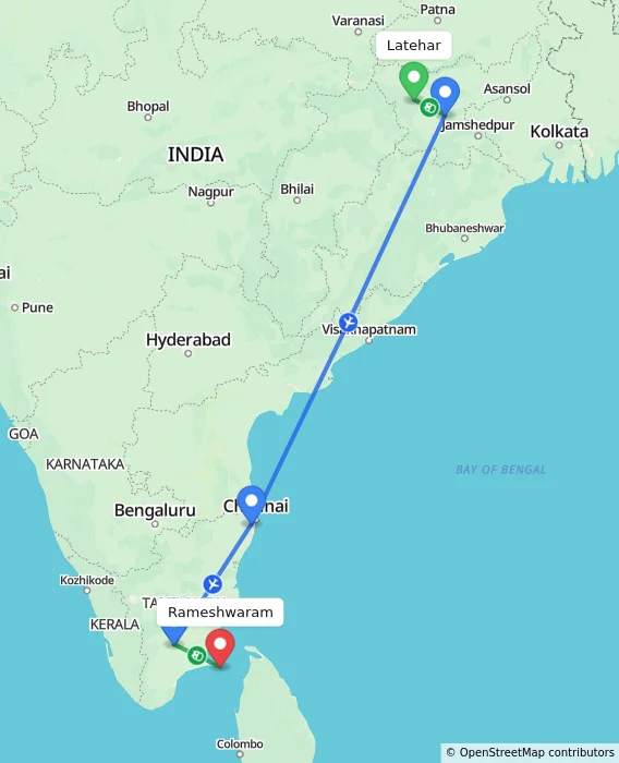 Route map showing distance and travel time from Latehar, India to Rameshwaram, India