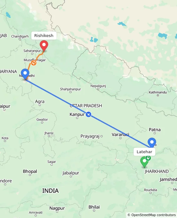 Route map showing distance and travel time from Latehar, India to Rishikesh, India
