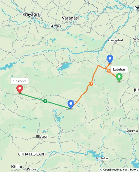 Route map showing distance and travel time from Latehar, India to Shahdol, India