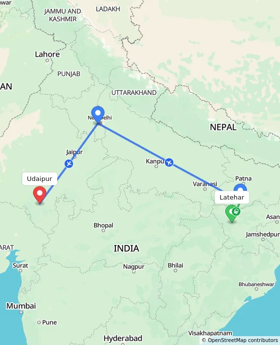Route map showing distance and travel time from Latehar, India to Udaipur, India