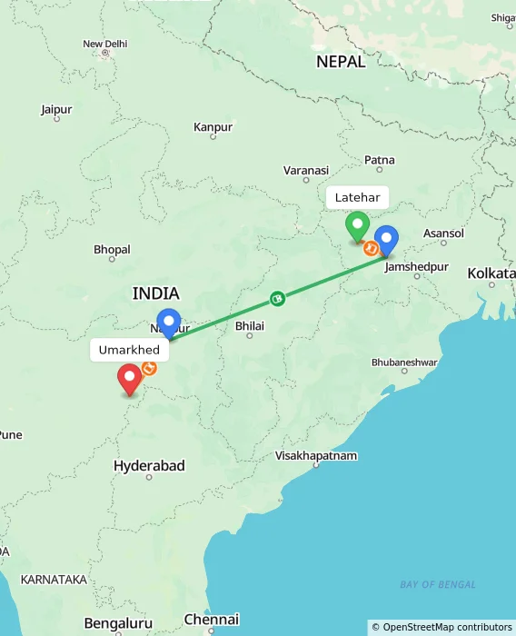 Route map showing distance and travel time from Latehar, India to Umarkhed, India