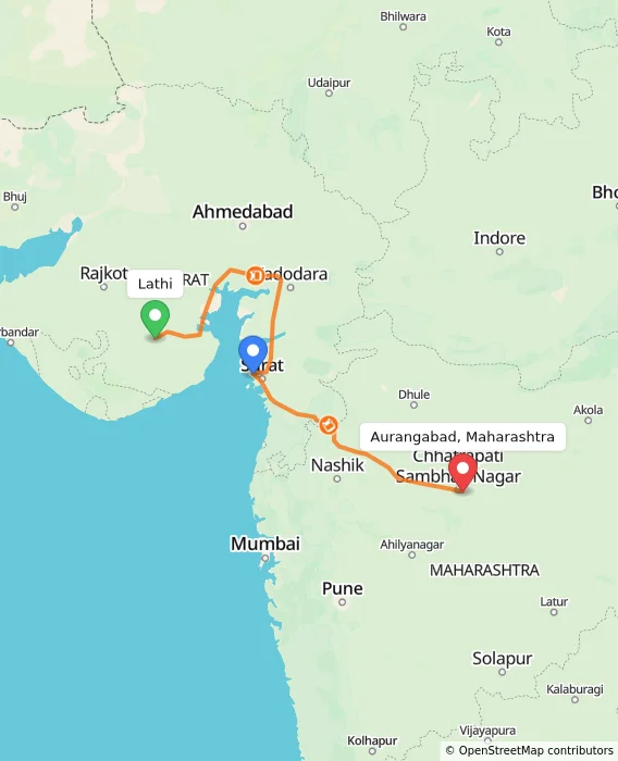 Route map showing distance and travel time from Lathi, India to Aurangabad, Maharashtra, India