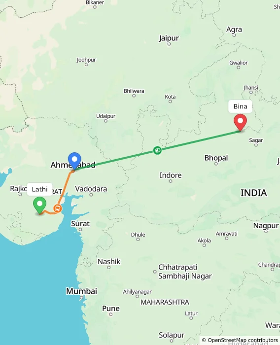 Route map showing distance and travel time from Lathi, India to Bina, India