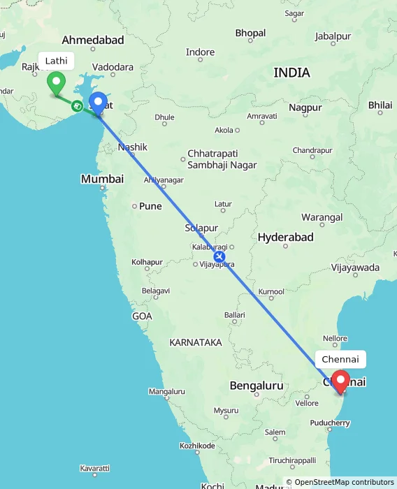 Route map showing distance and travel time from Lathi, India to Chennai, India