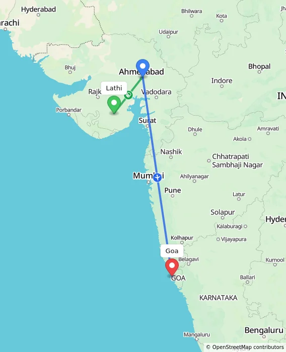 Route map showing distance and travel time from Lathi, India to Goa, India