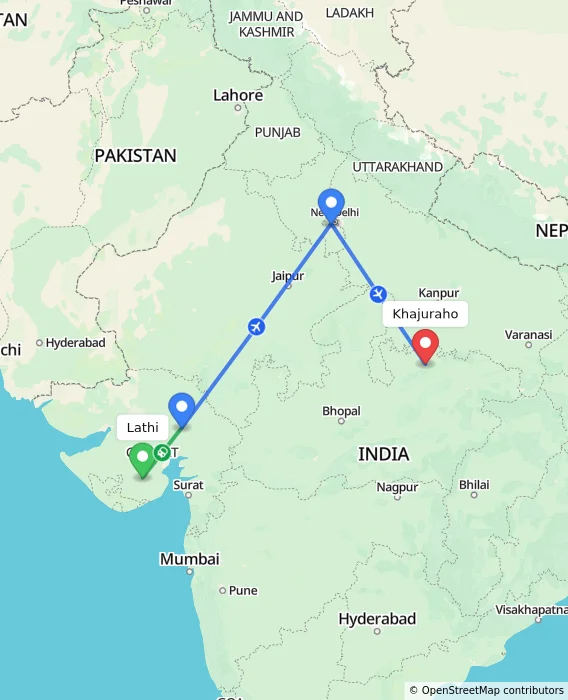 Route map showing distance and travel time from Lathi, India to Khajuraho, India