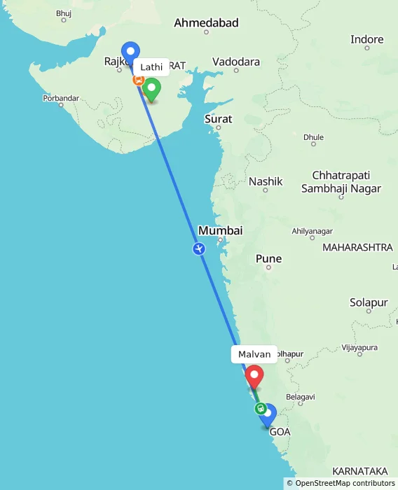 Route map showing distance and travel time from Lathi, India to Malvan, India