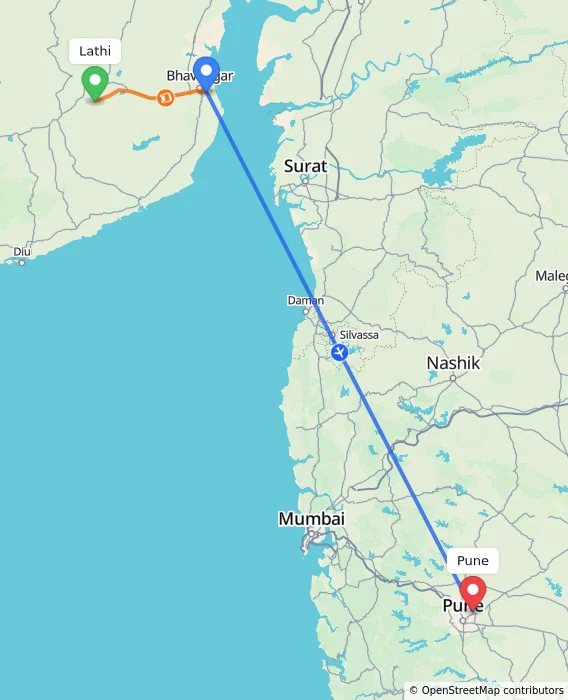Route map showing distance and travel time from Lathi, India to Pune, India