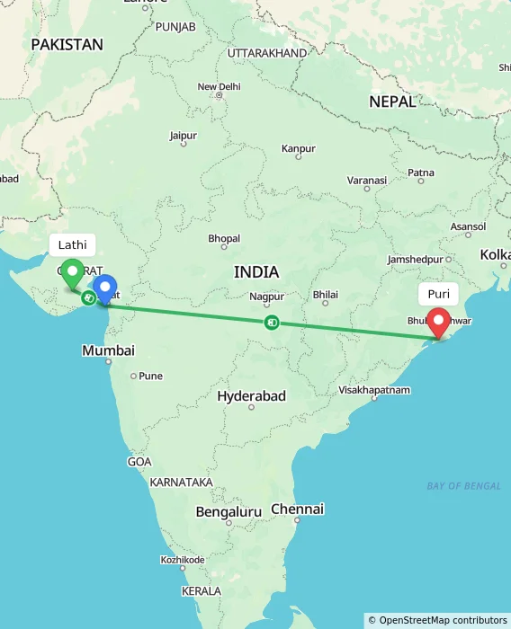 Route map showing distance and travel time from Lathi, India to Puri, India