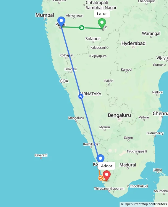 Route map showing distance and travel time from Latur, India to Adoor, India