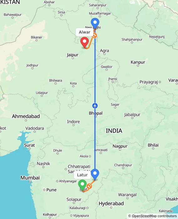 Route map showing distance and travel time from Latur, India to Alwar, India