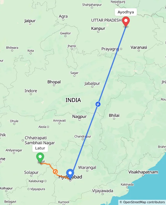 Route map showing distance and travel time from Latur, India to Ayodhya, India