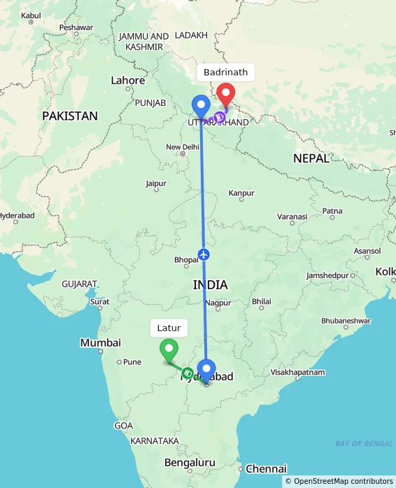 Route map showing distance and travel time from Latur, India to Badrinath, India