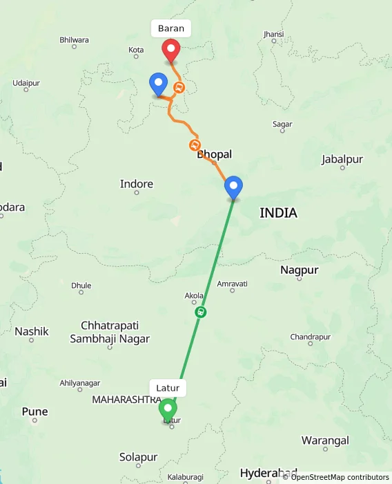 Route map showing distance and travel time from Latur, India to Baran, India