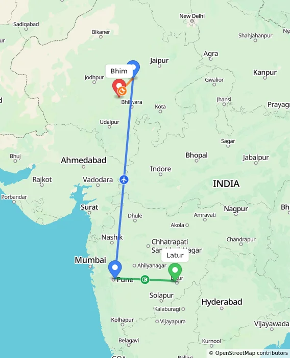 Route map showing distance and travel time from Latur, India to Bhim, India