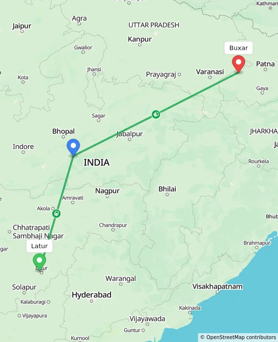 Route map showing distance and travel time from Latur, India to Buxar, India
