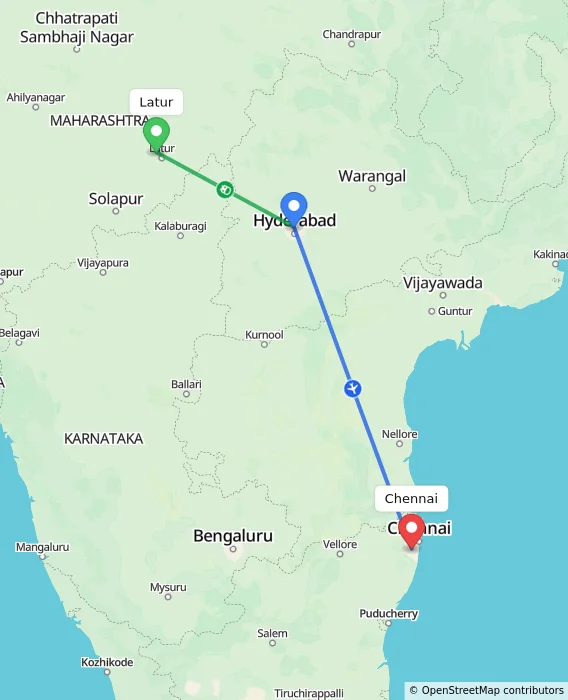 Route map showing distance and travel time from Latur, India to Chennai, India