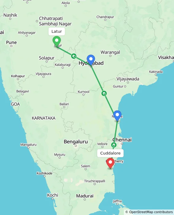 Route map showing distance and travel time from Latur, India to Cuddalore, India