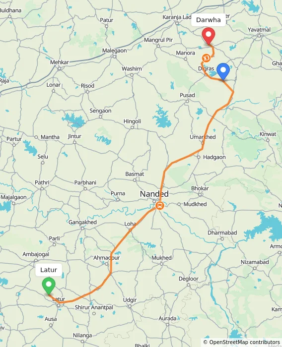 Route map showing distance and travel time from Latur, India to Darwha, India