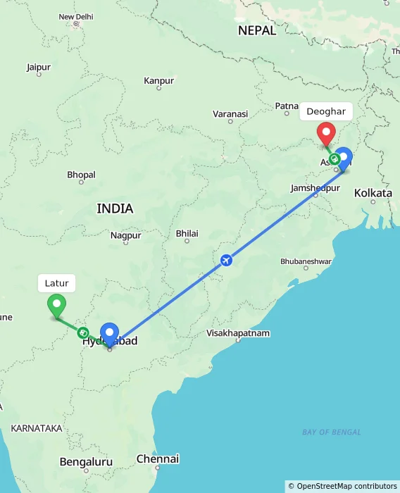 Route map showing distance and travel time from Latur, India to Deoghar, India